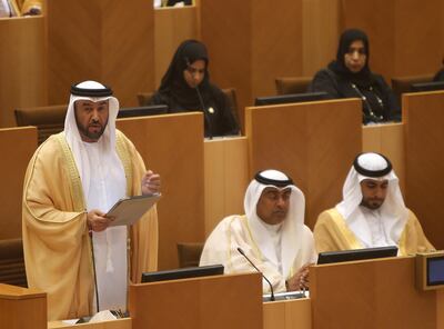 ABU DHABI - UNITED ARAB EMIRATES - 10MAY2016 - Khalid bin Zayed al Falasi, FNC member questions Lt. General Sheikh Saif bin Zayed Al Nahyan (not in the picture) Deputy Prime Minister and Minister of Interior, yesterday at FNC session in Abu Dhabi. Ravindranath K / The National (to go with Haneen story for News)
ID: 32774 *** Local Caption ***  RK1005-FNC16.jpg