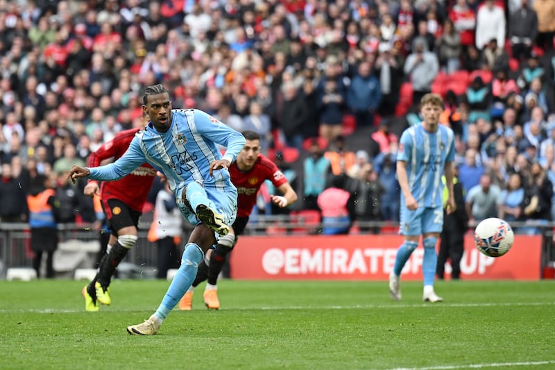 Haji Wright scores from the spot for Coventry City to make it 3-3. Getty Images