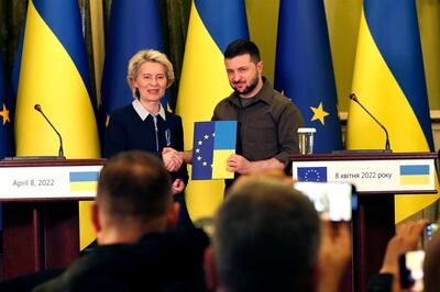 Ukrainian President Volodymyr Zelenskyy receives a questionnaire to begin the process for considering his country's application for European Union membership. AP
