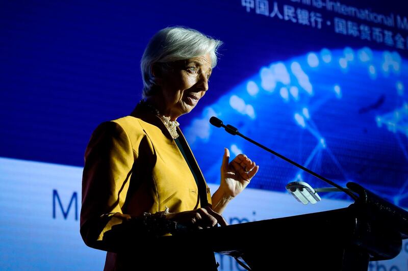 Managing Director of the International Monetary Fund (IMF) Christine Lagarde speaks at the Joint People's Bank of China-International Monetary Fund High-Level Conference in Beijing on April 12, 2018. / AFP PHOTO / WANG ZHAO