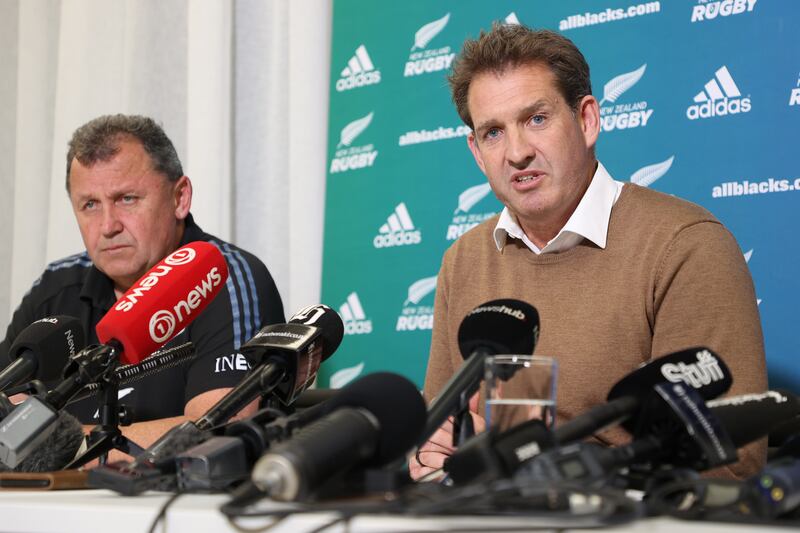 All Blacks coach Ian Foster, left, and New Zealand Rugby CEO Mark Robinson speak to the media during a press conference. Getty Images