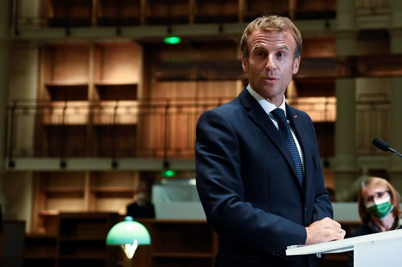 French President Emmanuel Macron delivers a speech at the site of the National Library of France in Richelieu on Tuesday. Reuters