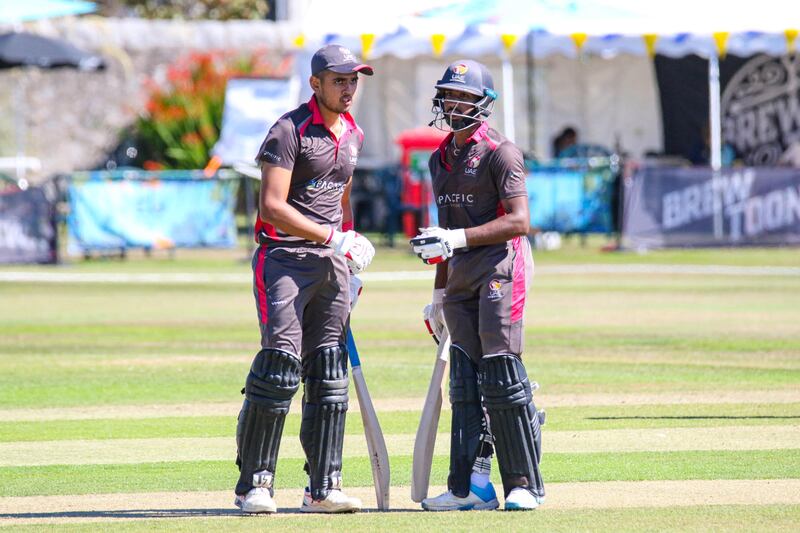 UAE batters Aryan Lakra and Vriitya Aravind punch gloves during their century stand in the ODI against USA at Aberdeen on August 11, 2022. All images Peter Della Penna / Cricket Scotland