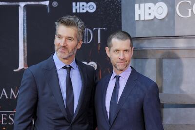 FILE PHOTO: David Benioff and D.B. Weiss arrive for the premiere of the final season of "Game of Thrones" at Radio City Music Hall in New York, U.S., April 3, 2019. REUTERS/Caitlin Ochs/File Photo