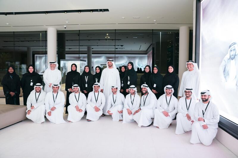 ABU DHABI, UNITED ARAB EMIRATES - January 07, 2019: HH Sheikh Mohamed bin Zayed Al Nahyan, Crown Prince of Abu Dhabi and Deputy Supreme Commander of the UAE Armed Forces (2nd row, 7th R), stands for a group photograph with employees during a tour of The Founders Memorial. Seen with Yusef Al Obaidly, General Manager of The Founders Memorial (2nd row R), 

( Hamed Al Mansoori / Ministry of Presidential Affairs )?
---