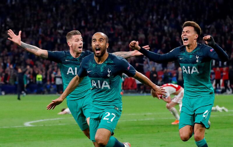 Tottenham's Lucas Moura celebrates scoring their third goal to complete his hat-trick with Dele Alli and Toby Alderweireld Action Images via Reuters/Matthew Childs