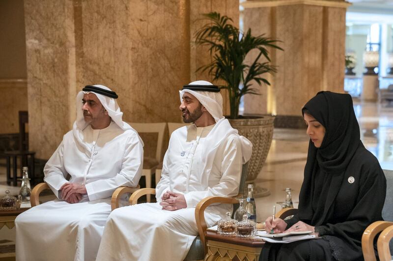 ABU DHABI, UNITED ARAB EMIRATES - June 30, 2019: (R-L) HE Reem Ibrahim Al Hashimi, UAE Minister of State for International Cooperation, HH Sheikh Abdullah bin Zayed Al Nahyan, UAE Minister of Foreign Affairs and International Cooperation and HH Lt General Sheikh Saif bin Zayed Al Nahyan, UAE Deputy Prime Minister and Minister of Interior, attend a meeting with HE Antonio Guterres, Secretary-General of the United Nations (not shown), at Emirates Palace.

( Hamad Al Kaabi / Ministry of Presidential Affairs )​
---