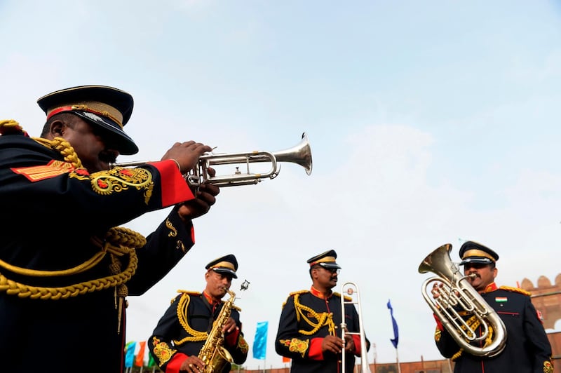 India’s Railways Protection Force band members perform at a ceremony in Secunderabad to celebrate the country’s 73rd Independence Day. AFP