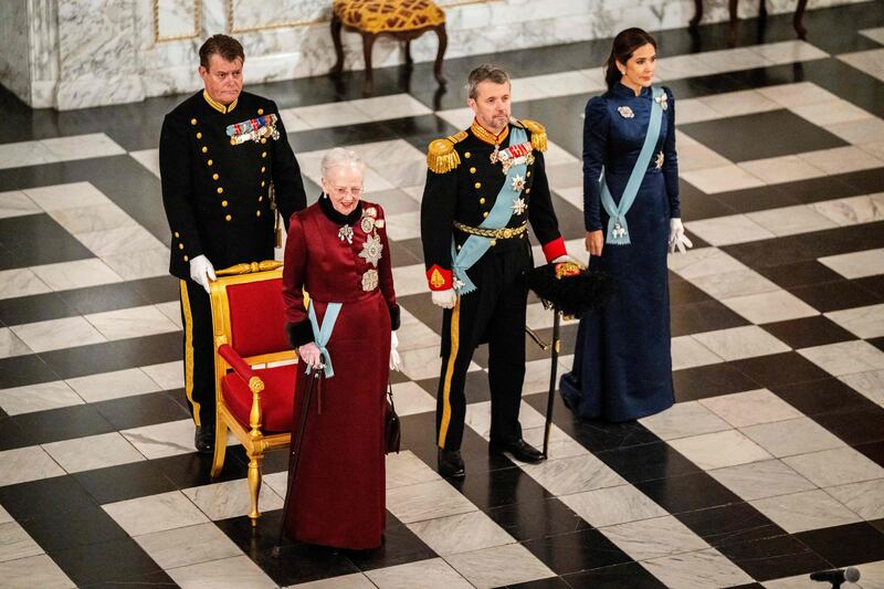 Queen Margrethe, Crown Prince Frederik and Crown Princess Mary during a New Year reception at Christiansborg Palace, Copenhagen, in January 2024. AFP