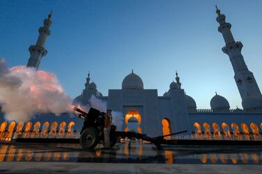 Abu Dhabi, United Arab Emirates, May 6, 2020. A canon is fired at the Sheikh Zayed Grand Mosque to mark the beginning of iftar. Victor Besa / The National Section: NA Reporter: