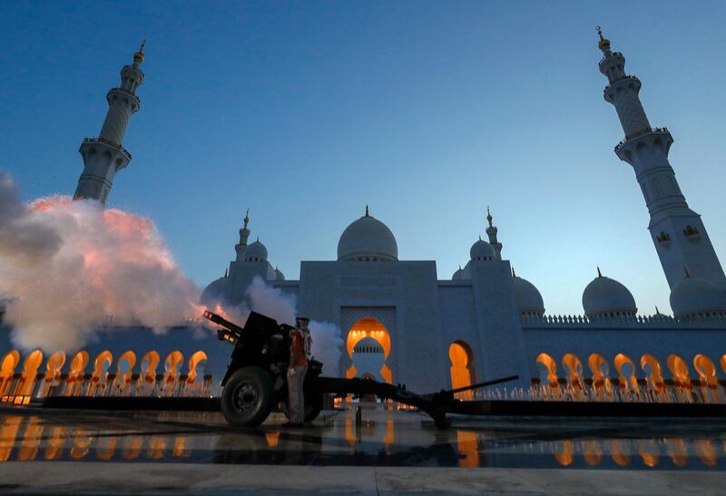 Abu Dhabi, United Arab Emirates, May 6, 2020.  A canon is fired at the Sheikh Zayed Grand Mosque to mark the beginning of iftar.
Victor Besa / The National
Section:  NA
Reporter:
