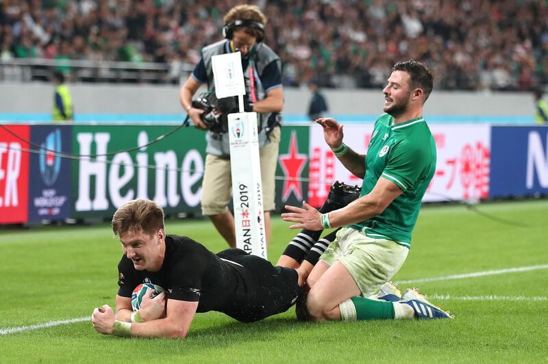 Jordie Barrett of New Zealand scores his team's seventh try during the Rugby World Cup 2019 Quarter Final match between New Zealand and Ireland at the Tokyo Stadium in Chofu, Tokyo, Japan. Getty Images
