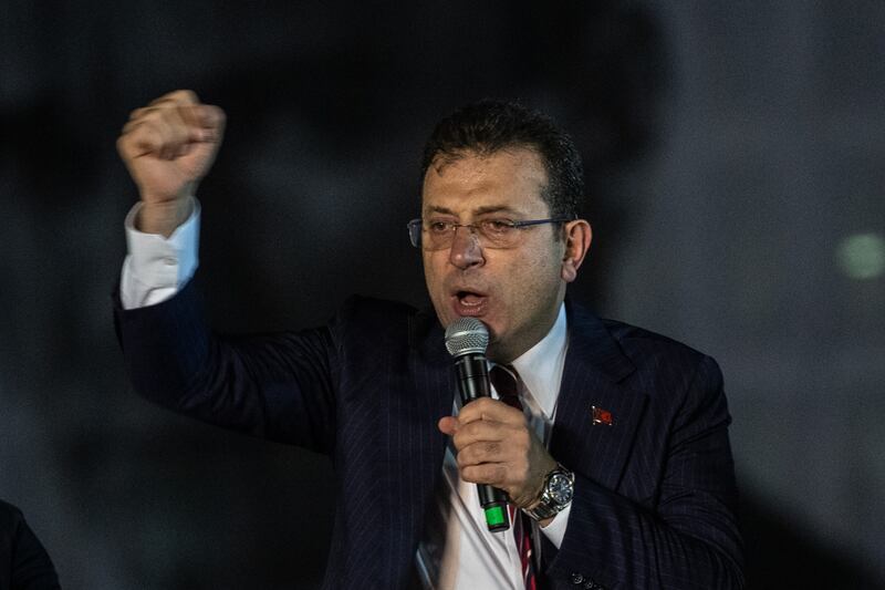 Istanbul Mayor Ekrem Imamoglu speaks to his supporters after the Turkish court's verdict on Wednesday. Getty