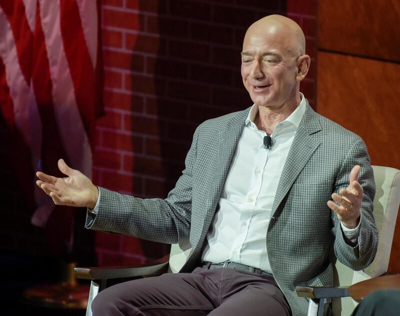Jeff Bezos, CEO of Amazon, speaks at the George W. Bush Presidential Center's Forum on Leadership in Dallas, Texas, U.S., April 20, 2018.   REUTERS/Rex Curry