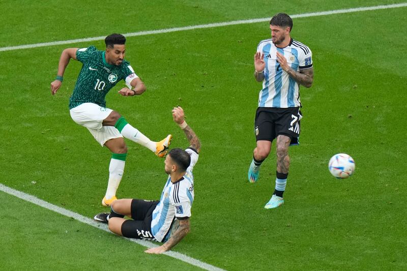 Salem Al Dawsari 8: Saudi’s key attacker skipped between two players with one surging run just before half-time before going down in box looking for penalty – rightly ignored. Showed brilliant skill to earn himself space and curl home a lovely finish to put his team 2-1 up. AP