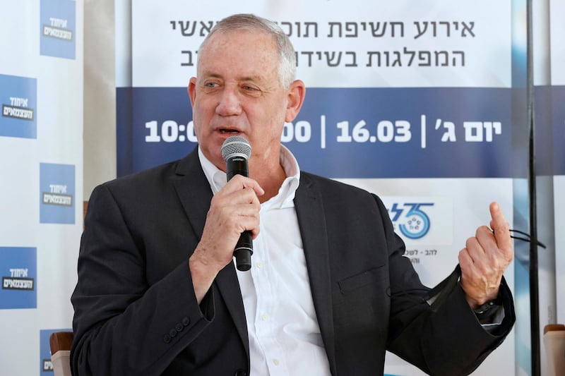 Israel's Blue and White opposition party leader Benny Gantz answers questions during a presser with the Chariman of the LAHAV (Israeli Federation of Small Business Organisations). AFP