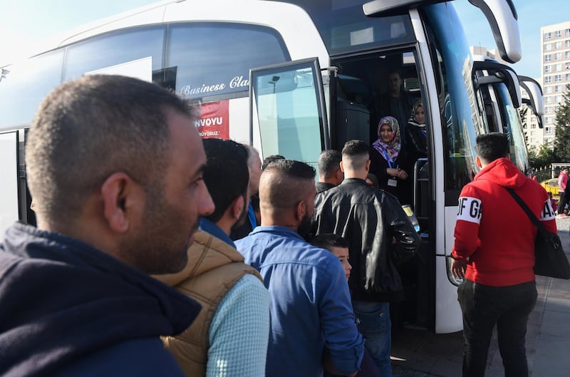  A one hundred and forty three Syrian refugees volunteered to return their homelands Jarablus,Damascus,Aleppo,A'zaz,Al Bab,Afrin load their belongings to trunks of the buses and wait for departure from Istanbul in Esenyurt Municipality garden.          EMRAH GUREL
