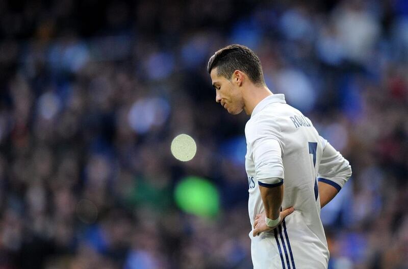 Cristiano Ronaldo of Real Madrid rues a missed shot at goal during the Primera Liga match against Malaga at the Bernabeu on January 21, 2017 in Madrid, Spain. Denis Doyle / Getty Images