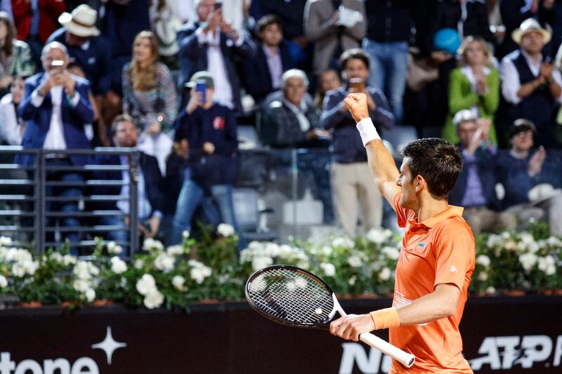 Novak Djokovic celebrates after winning his Italian Open semi-final match against Casper Ruud. EPA