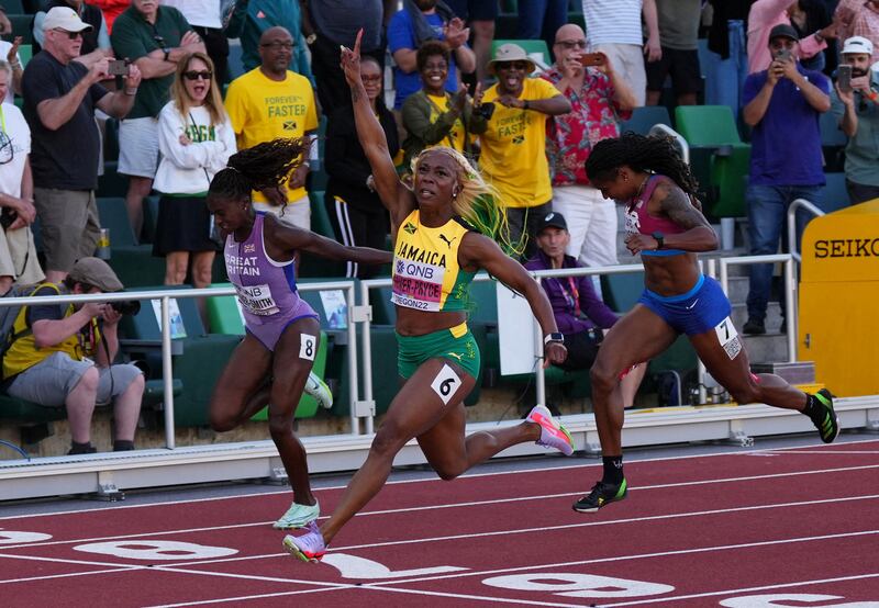 Shelly-Ann Fraser-Pryce crosses the line to win the women's 100 metres final. Reuters