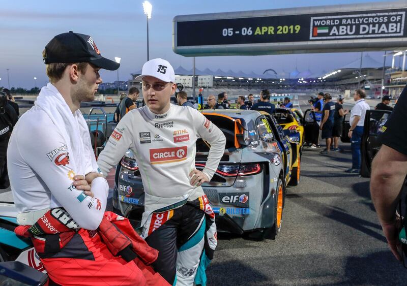 Abu Dhabi, April 6,2019.  FIA World Rallycross Championship at the Abu Dhabi, YAS Marina Circuit. --Before the Semi-finals and final race.--  (l-R)  Niclas Gronholm and Cyril Raymond chat before the race.
Victor Besa/The National.
Section:  SP
Reporter:  Amith Passela