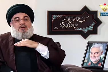 A still taken from Hezbollah's Al Manar TV shows Hezbollah leader Hassan Nasrallah during an interview with Al Mayadeen TV in Beirut. EPA Photo