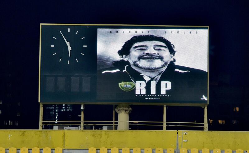 A picture of late Argentinian football legend Diego Maradona at the Zabeel Stadium in Dubai on Thursday.