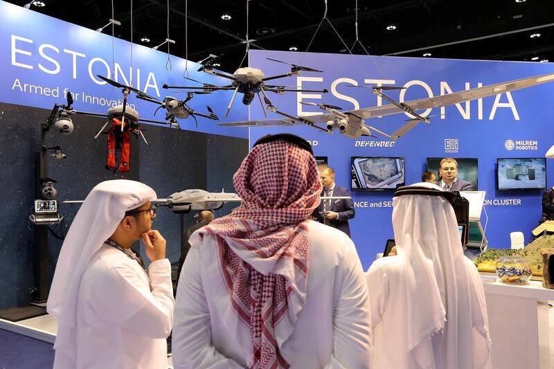 ABU DHABI , UNITED ARAB EMIRATES , FEB 26  – 2018 :- Drones on display at the Estonia stand on the second day of UMEX held at ADNEC in Abu Dhabi. ( Pawan Singh / The National ) For News