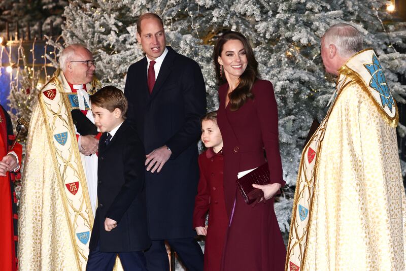 Prince William and Kate arrive with Princess Charlotte and Prince George at Westminster Abbey. Reuters