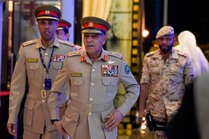 Bahrain Defense Force's Chief-of-Staff Dhiyab bin Saqr Al-Nuaimi arrives for the opening of the 15th Manama Dialogue.  AFP