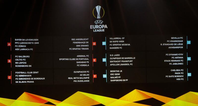 General view of the final draw for the UEFA Champions League groups A,B,C,D,E,F,G,H,IJ,K,L on an electronic board during the UEFA Europa League draw at the Grimaldi Forum, in Monaco, Friday, Aug. 31, 2018. (AP Photo/Claude Paris)