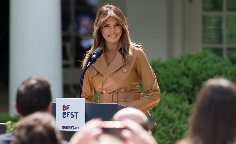 (FILES) In this file photo taken on May 7, 2018 US First Lady Melania Trump announces her "Be Best" children's initiative in the Rose Garden of the White House in Washington, DC. US First Lady Melania Trump will not accompany the president to the Group of Seven summit in Canada, nor to planned North Korea nuclear talks in Singapore, her spokeswoman said on June 3, 2018. / AFP / SAUL LOEB
