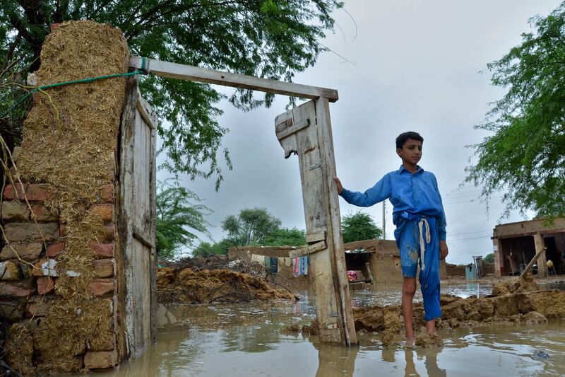 A partially damaged homestead in Jaffarabad. AP 