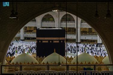 Muslims perform the Umrah in the last ten days of Ramadan in the Grand Mosque in Mecca