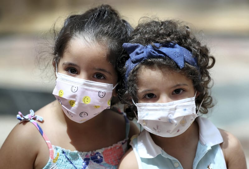 Dubai, United Arab Emirates - Reporter: Kelly Clarke. Coronavirus/Covid-19. Twins Ghazal and Yara (R) Ghnimat. Parents rush to buy PPE for children in time for back-to-school. Sunday, August 23rd, 2020. Dubai. Chris Whiteoak / The National