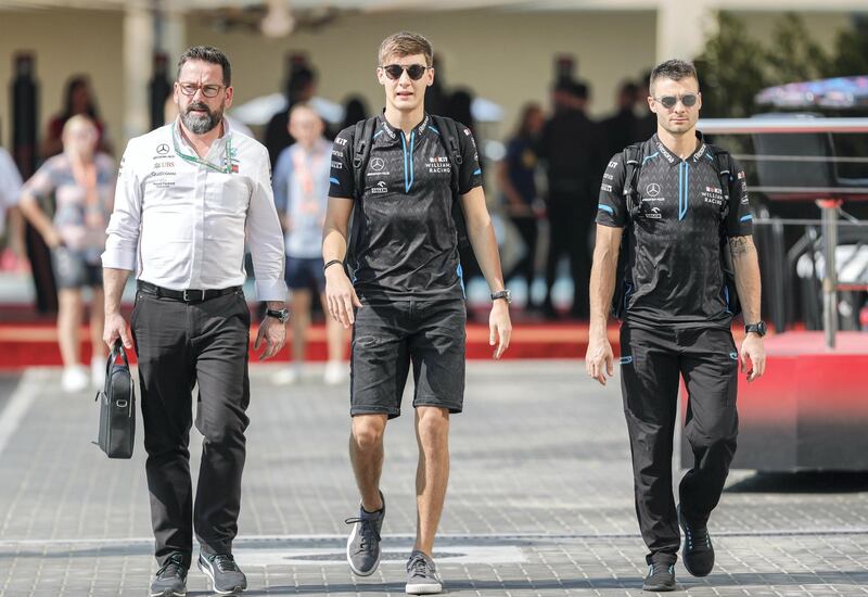 Abu Dhabi, United Arab Emirates, November 29, 2019.  
Formula 1 Etihad Airways Abu Dhabi Grand Prix.
--  (center)  George Russell of Rokit Williams Racing arrives with his team.
Victor Besa / The National
Section:  SP
Reporter:  Simon Wilgress-Pipe