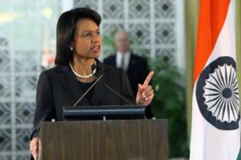 US Secretary of State Condoleezza Rice addresses a press conference at the US embassy in New Delhi on December 3, 2008.   Rice put pressure on Pakistan on to respond swiftly and transparently to all requests of help with Indian investigations into last week's Mumbai attacks." Pakistan needs to act with urgency and with resolve and cooperate fully and transparently," Rice told reporters prior to talks with Indian Foreign Minister Pranab Mukherjee and Prime Minister Manmohan Singh in New Delhi. AFP PHOTO/Prakash SINGH *** Local Caption ***  832569-01-08.jpg