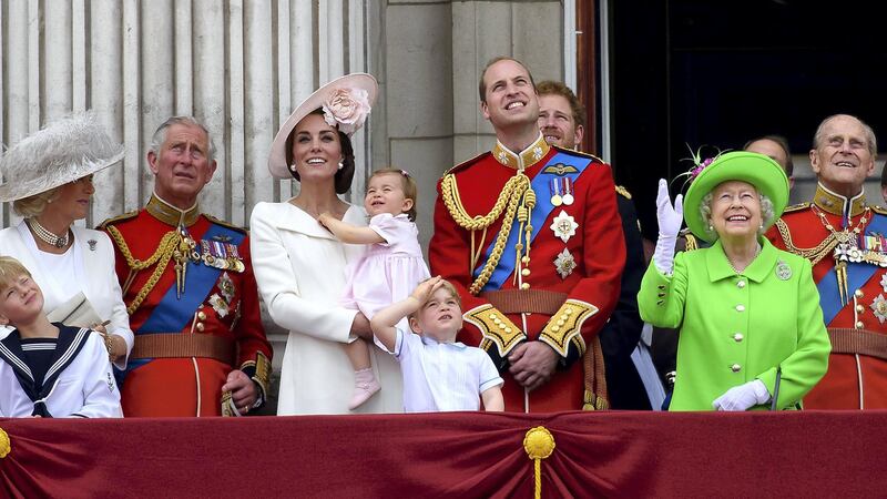 LONDON, ENGLAND - JUNE 11:  (L-R) Camilla, Duchess of Cornwall, Prince Charles, Prince of Wales, Catherine, Duchess of Cambridge, Princess Charlotte, Prince George, Prince William, Duke of Cambridge, Prince Harry, Queen Elizabeth II and Prince Philip, Duke of Edinburgh stand on the balcony during the Trooping the Colour, this year marking the Queen's 90th birthday at The Mall on June 11, 2016 in London, England. The ceremony is Queen Elizabeth II's annual birthday parade and dates back to the time of Charles II in the 17th Century when the Colours of a regiment were used as a rallying point in battle.  (Photo by Ben A. Pruchnie/Getty Images)