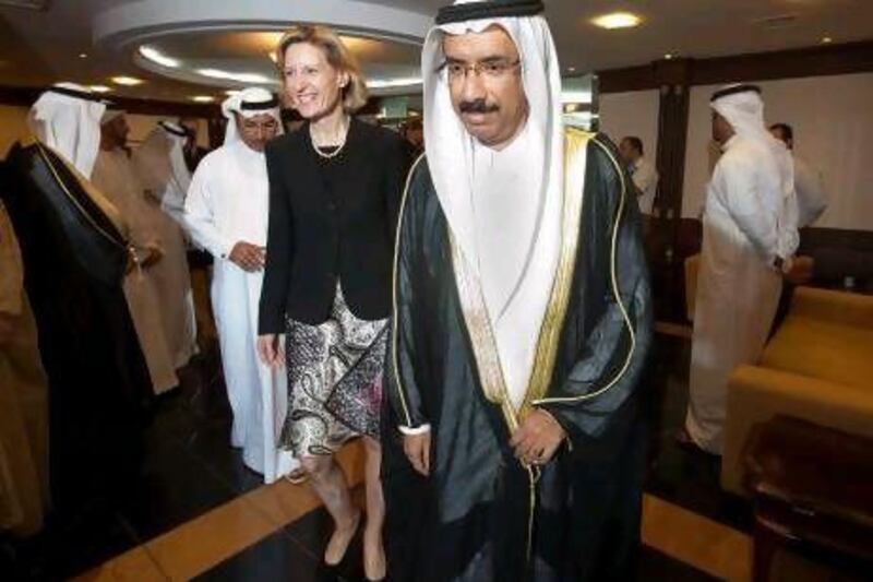 Mohammed Al Murr, the Speaker of the FNC, leads Angelika Niebler, the chairwoman of the European parliamentary delegation, to their meeting in Abu Dhabi yesterday.