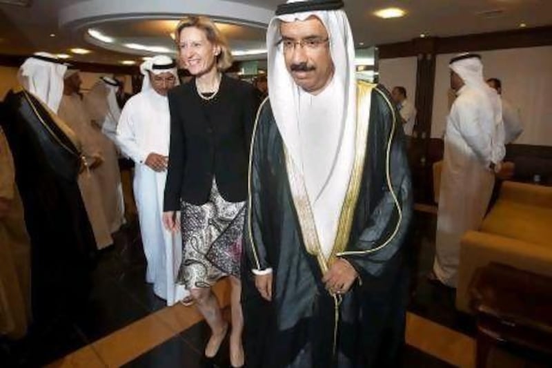 Mohammed Al Murr, the Speaker of the FNC, leads Angelika Niebler, the chairwoman of the European parliamentary delegation, to their meeting in Abu Dhabi yesterday.