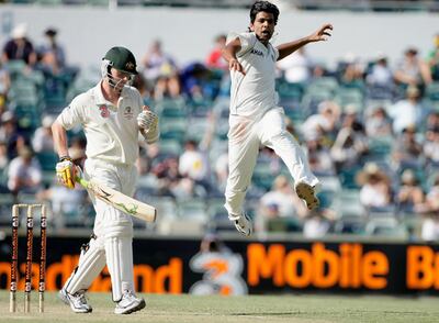 PERTH, AUSTRALIA - JANUARY 17:  Rudra Pratap Singh of India leaps for joy after he took the wicket of Brett Lee of Australia caught behind by Mahendra Dhoni  during day two of the Third Test match between Australia and India at the WACA on January 17, 2008 in Perth, Australia.  (Photo by Robert Cianflone/Getty Images)