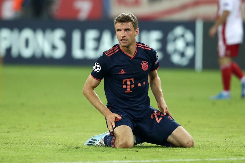 PIRAEUS, GREECE - OCTOBER 22: Thomas Muller of FC Bayern Munich reacts during the UEFA Champions League group B match between Olympiacos FC and Bayern Muenchen at Karaiskakis Stadium on October 22, 2019 in Piraeus, Greece. (Photo by Alexander Hassenstein/Bongarts/Getty Images)