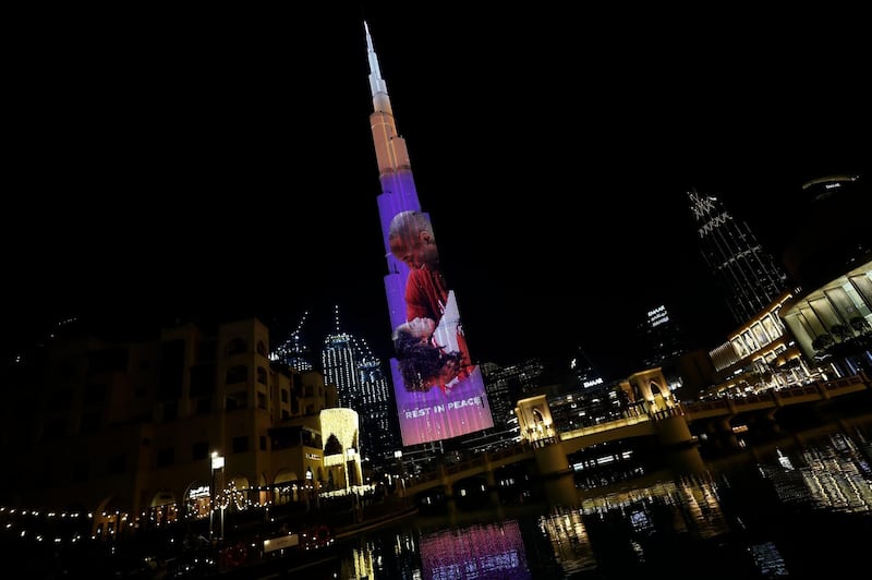 The image of Kobe Bryant and and his daughter Gigi who were killed last week in a helicopter crash, appears on the Burj Khalifa as the UAE tribute to their memories, in Dubai, United Arab Emirates, Sunday, Feb. 2, 2020. (AP Photo/Kamran Jebreili)
