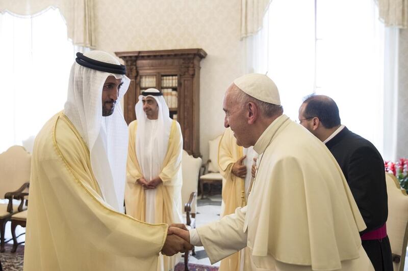 Pope Francis with Mohammed Mubarak Al Mazrouei, Undersecretary of the Crown Prince Court of Abu Dhabi. Ryan Carter / Crown Prince Court - Abu Dhabi