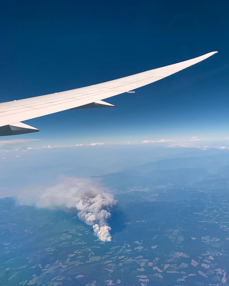 A wildfire is seen from an airplane, in Lytton, British Columbia.