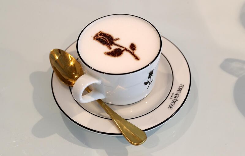 ABU DHABI, UNITED ARAB EMIRATES , Feb 11  – 2020 :-  Cappuccino at the Forever Rose Café at The Galleria on Al Maryah Island in Abu Dhabi. (Pawan  Singh / The National) For Lifestyle. Story by Saeed