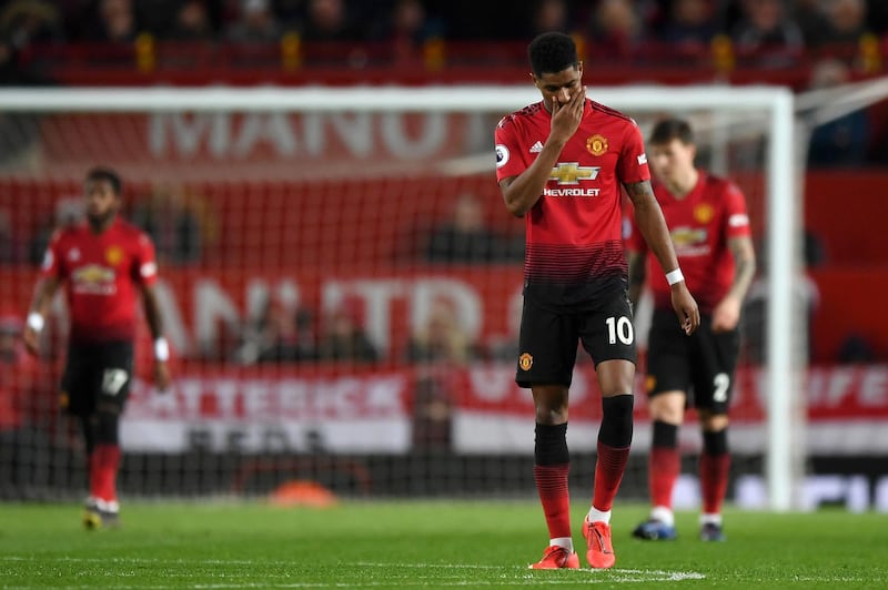 MANCHESTER, ENGLAND - APRIL 24:  Marcus Rashford of Manchester United looks dejected during the Premier League match between Manchester United and Manchester City at Old Trafford on April 24, 2019 in Manchester, United Kingdom. (Photo by Shaun Botterill/Getty Images)