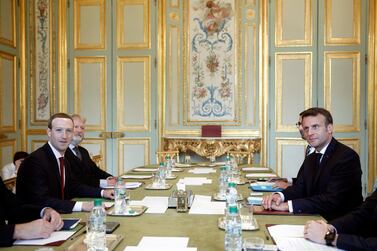 Facebook CEO Mark Zuckerberg, left, and French President Emmanuel Macron meet at at the Elysee Palace, in Paris, France, Friday, May 10, 2019.  AP
