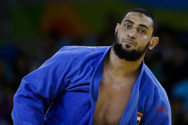 Egypt’s Islam El Shehaby reacts during a match with an Israeli athlete at the Olympics in Rio de Janeiro (AP Photo/Markus Schreiber)