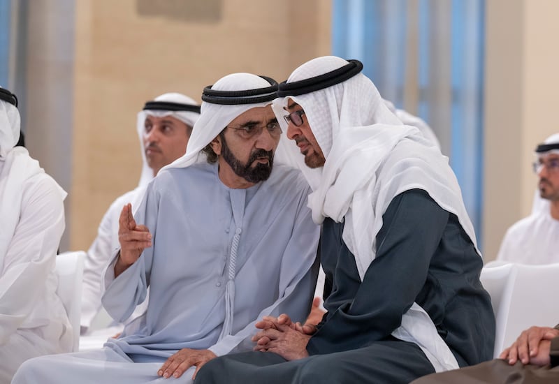The President and Sheikh Mohammed pictured in discussion at the inauguration of the Gateway Lunar Space Station. Photo:  Abdulla Al Bedwawi / Presidential Court